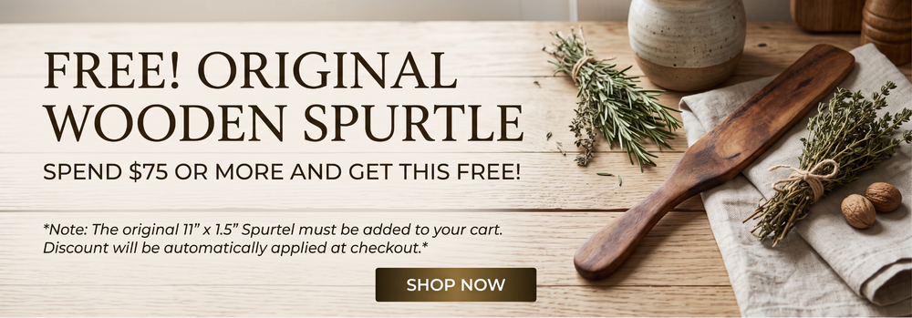 Promotional banner for a free wooden spurtle, showing a rustic kitchen scene with a wooden cutting board, herbs, and a ceramic pot on a wooden table. Text reads 'FREE! ORIGINAL WOODEN SPURTLE' with a 'SHOP NOW' button.